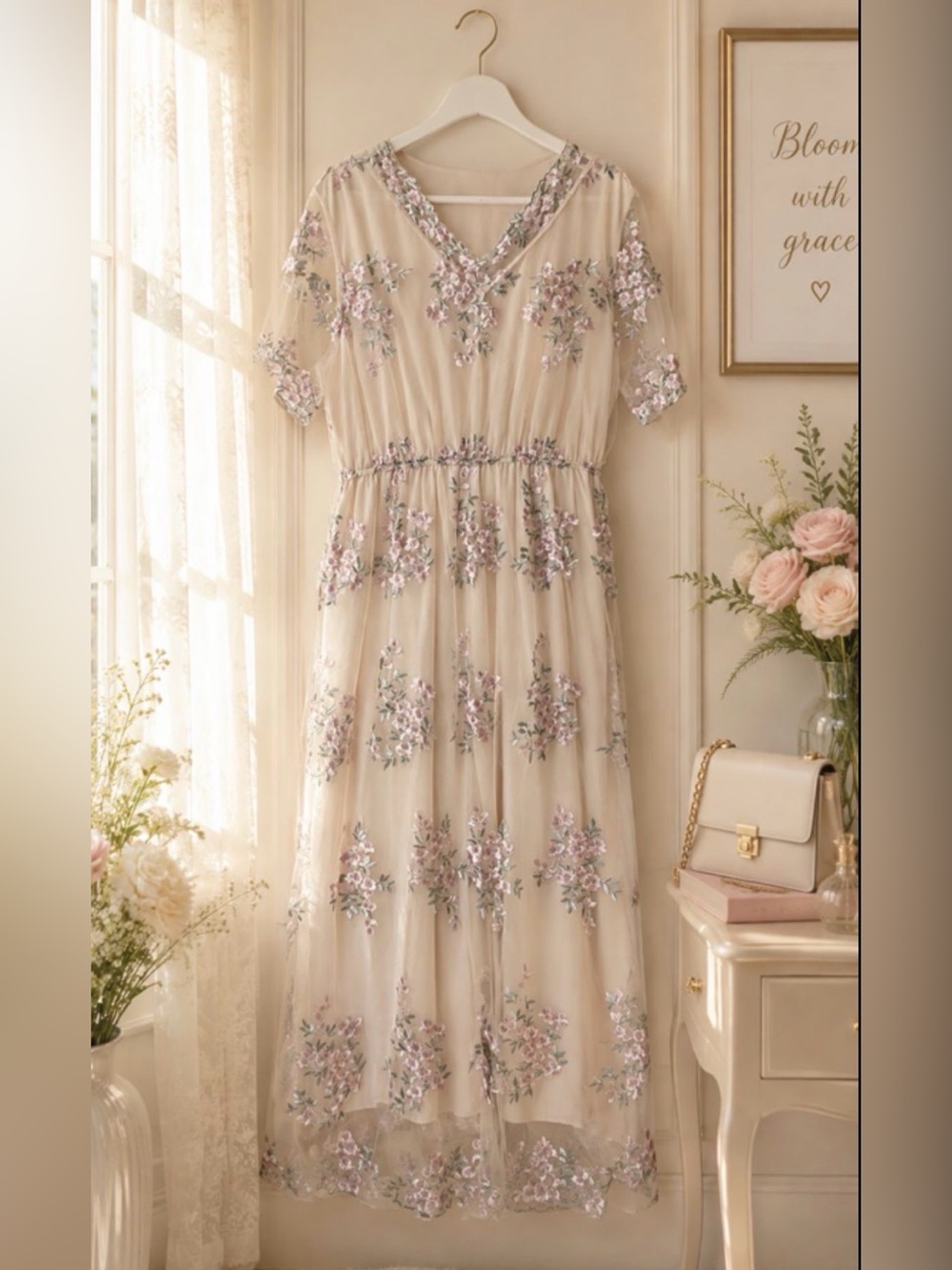 Floral 💐 Embroidered Sheer Overlay Dress in Cream and Pink